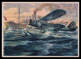 1933-1945 'Search of a Neutral Steamer for Banned Goods', Military Aircraft Air Force Luftwaffe, Third Reich Nazi Propaganda Postcard