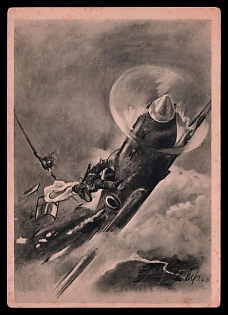1933-1945 'Fight Between Hunters and Hunters. A Spitfire is Shot Down by a German Me 109. Combat Between Hunters and Hunters. Vaincu Par a "Me 109" in German, and "Spitfire" Burns in Flames', Military Aircraft Air Force Luftwaffe, Third Reich Nazi Propaganda Postcard