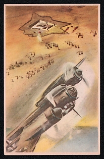 1933-1945 'A Small Fort on the Libyan Border is Attacked by German Aircraft. Such a Base, Cut off From the Environment for Hundreds of Kilometers, is of Great Military Importance', Military Aircraft Air Force Luftwaffe, Third Reich Nazi Propaganda Postcard