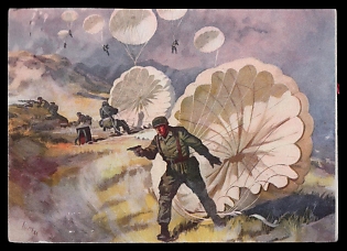 1943 'Image 29: Paratroopers Land on Crete Painting by Ahlers Enlargements in Preparation', Air Forces Wehrmacht Military Army, Third Reich Nazi Propaganda Postcard