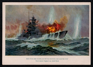 1933-1945 'German Battleships in Battle Based on an Original by Adolf Bock', Navy Ships Deutsche Marine, Third Reich Nazi Propaganda Postcard