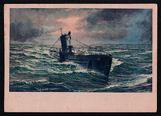 1942 'Drawing: Wolf Strobel', Submarine U-boat Navy Deutsche Marine, Third Reich Nazi Propaganda Postcard