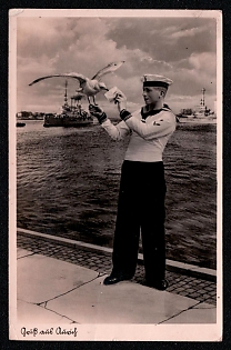 1933-1945 'Little Seagull Fly to Your Homeland, Bring Greetings to My Dear Ones', Sailors Navy Ships Deutsche Marine, Third Reich Nazi Propaganda Postcard