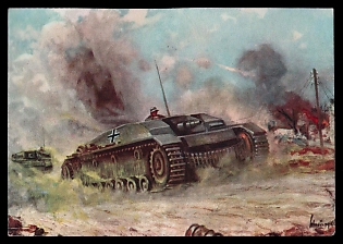 1943 'Assault Guns in Attack in Russia Painting by Schnurpel Enlargements in Preparation', Tank Armored Forces Panzerwaffe, Third Reich Nazi Propaganda Postcard