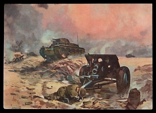 1943 'Tanks Overrun an English Battery (Lybia) Painting by Ahlers Enlargements in Preparation', Tank Armored Forces Panzerwaffe, Third Reich Nazi Propaganda Postcard