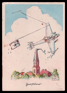1933-1945 'Series: Aviator Humor 40 Watercolor Artist Drawings of Active Aviators', Caricature, Third Reich Nazi Propaganda Postcard