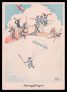 1933-1945 'Series: Aviator Humor 40 Watercolor Artist Drawings of Active Aviators', Caricature, Third Reich Nazi Propaganda Postcard