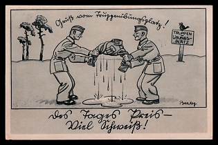 1941 'Greetings 100m Fruggen Practice Area!', Caricature, Third Reich Nazi Propaganda Postcard
