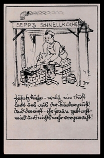 1940 'Additional Kitchen - What A Smell Lures Us Out of the Bunker! And Once You Give Freely, We Will No Longer be Fooled!', Caricature, Third Reich Nazi Propaganda Postcard