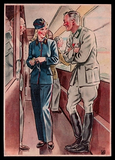 1933-1945 'Women Create for You. The Train Conductor (Based on a Drawing by Becker)', Caricature, Third Reich Nazi Propaganda Postcard