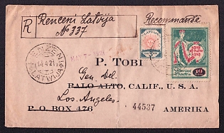 1921, Latvia, international  registartion cover (handwritten label) from Enzen to USA  Sc.57& Sc.83