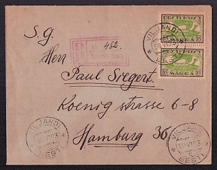 1923 Estonia registered international letter fron Viljandi to Germany, Hamburg, Sc.31x2