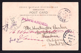 1906 surcharge illestrated (Gibraltar) postcard from Altes (Spain) to California, Pasadena & Venice