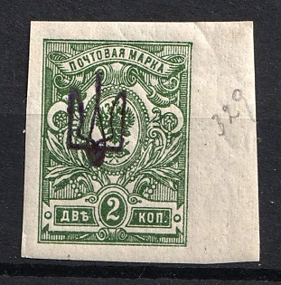 1918 2k Kiev (Kyiv) Type 1, Ukrainian Tridents, Ukraine, Violet Black Overprint, Margin