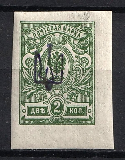 1918 2k Kiev (Kyiv) Type 1, Ukrainian Tridents, Ukraine, Violet Black Overprint, Margin, Signed