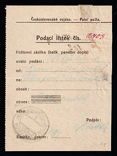 Czechoslovak Army Field Post Receipt “Podací Lístek” – Military Mail Form, Legion Era c.1918–1920, Czech Field Post Document with Stamp, Vintage WWI Militaria Ephemera