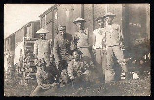 WWI Czechoslovak Legion Soldiers with Chinese Workers RPPC – Siberia Railway Scene, Train Cars, Rare Military Photo Postcard Russian Civil War Era
