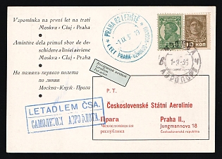 1936 U.S.S.R. Postcard of international registered AIRMAIL sent from Moscow airport to Prague (Czech Republic). Franked for 30k of USSR stamps. In align with tariff of 02.01.1934 for airmail postcard. Postmarks of USSR and Czech Republic posts. Scarce