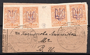 1918 1k Kiev (Kyiv) Type 2f on piece, Ukrainian Tridents, Ukraine, Gutter Pair, MALOVYSHKOVSKOE Postmarks