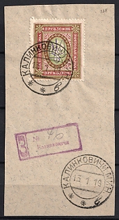 1918 3.5r Kiev (Kyiv) Type 2bb on piece with violet Registration handstamp, Ukrainian Tridents, Ukraine, KALINKOVICHY Postmarks