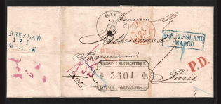 1867 Cover from Odessa to Paris, France (Multi Franking, Private Embossing Paper)