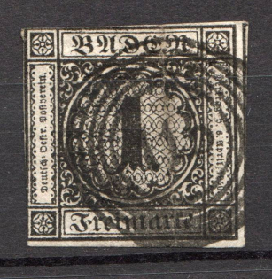 1853-54 Baden Germany 1 Kr (CV $45, Canceled)