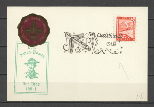 1961 Austria postcard 50 yers of Ausrtia scouting cinderella and special postmark Baden Pawell