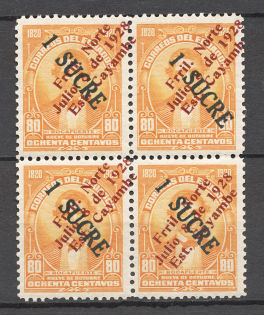 1928 Ecuador Displaced Overprint Block of Four (MNH)