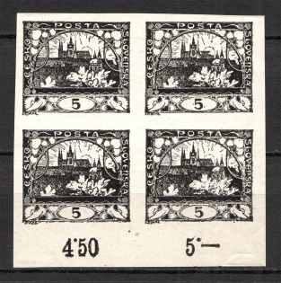 1918-19 Czechoslovakia `5` Block of Four (Probe, Proof)