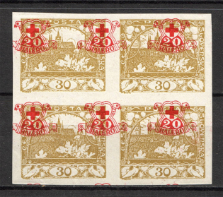 1920 Czechoslovakia `20` Block of Four (Shifted Overprint, Probe, Proof)