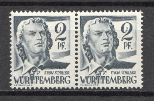 1948 Germany Wurttemberg French Zone of Occupation Pair 2 Pf (Mole on the Chin, Print Error, MNH)