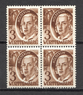 1948 Germany Wurttemberg French Zone of Occupation Block of Four 3 Pf (Missed Dot after Value, Print Error, MNH)
