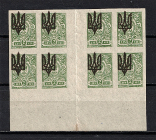 Kiev Type 3 - 2 Kop, Ukraine Tridens Gutter Block (Shifted Overprint, Print Error, MNH)