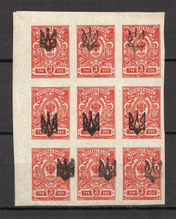 Ekaterinoslav Type 1 - 3 Kop, Ukraine Tridents Block (Shifted+Overinked Overprint, Print Error, MNH)