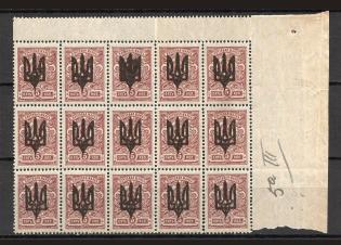 Kiev Type 3 - 5 Kop, Ukraine Tridents Block (Overinked Overprint, Print Error, MNH)