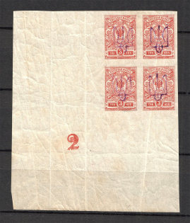 Kiev Type 2 - 3 Kop, Ukraine Tridents Block of Four (Control Number `2`, Signed, MNH)
