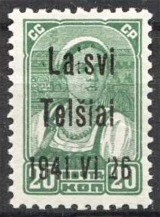 1941 Germany Occupation of Lithuania Telsiai 20 Kop (Type III, Signed, MNH)