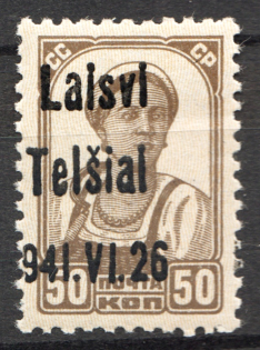 1941 Occupation of Lithuania Telsiai 50 Kop (Type III, Shifted Overprint, MNH)