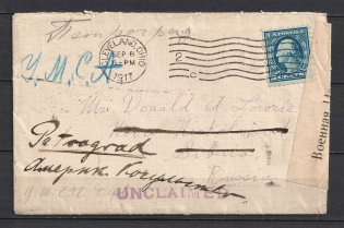 Letter to Russia from the United States. Dispatch from Novonikolaevsk to Petrograd. Postmark of the Petrograd Service Department. Censorship
