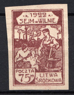1922 75 M Central Lithuania (Purple PROBE, Imperf Proof, Signed)