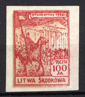 1921 100 M Central Lithuania (Red PROBE with BACKGROUND, Imperf Proof)