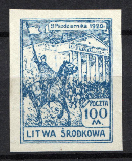 1921 100 M Central Lithuania (Light Blue PROBE, Imperf Proof, MNH)