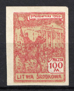 1921 100 M Central Lithuania (Light Red PROBE with BACKGROUND, Imperf Proof, OFFSET, Signed)