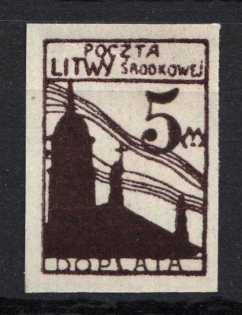 1921 5 M Central Lithuania, Vilna Issue (Dark Brown PROBE, Imperf Proof, MNH)
