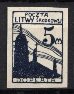 1921 5 M Central Lithuania, Vilna Issue (Dark Blue PROBE, Imperf Proof, MNH)