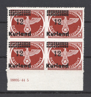 1945 `12` Occupation of Kurland, Germany (SHIFTED Overprint, Print Error, Control Number, Block of Four, MNH)
