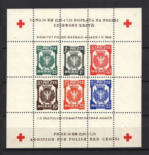 1945 Dachau Red Cross Camp Post, Poland (Block, with Watermark, Perforated, MNH)