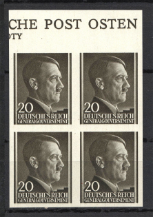 1941 20g General Government, Germany (Control Text, IMPERFORATED, Block of Four, MNH)