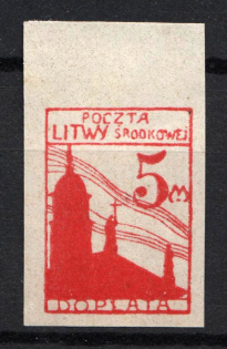 1921 5 M Central Lithuania, Vilna Issue (Red PROBE, Imperf Proof, MNH)