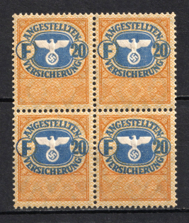 `20` Employee Insurance Revenue Stamps, Germany (Block of Four, MNH)